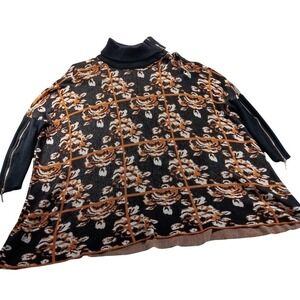 Joseph A. Sweater Tunic Womens Small Black Floral Turtleneck Zip Sleeve Knit